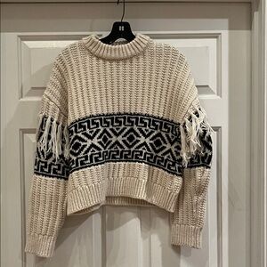 H&M Fringe Sleeve Cream and Black Geometric Sweater NWT